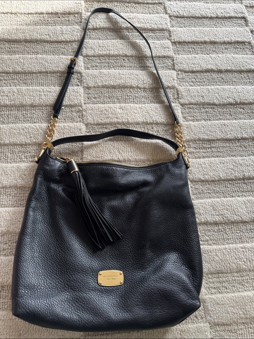 Michael Kors Black Pebbled Leather Shoulder Bag with Tassel